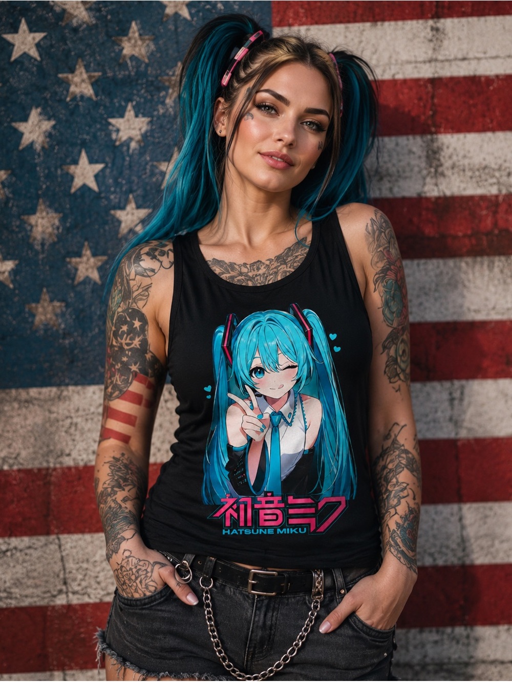 Hatsune Miku Cotton Vocaloid, Otaku Black Tank Top, Sz S up to 2XL